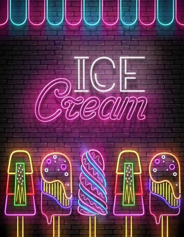 Poster with ice cream and neon lettering, vector 3d illustrator ((eps - 2 (10 files)