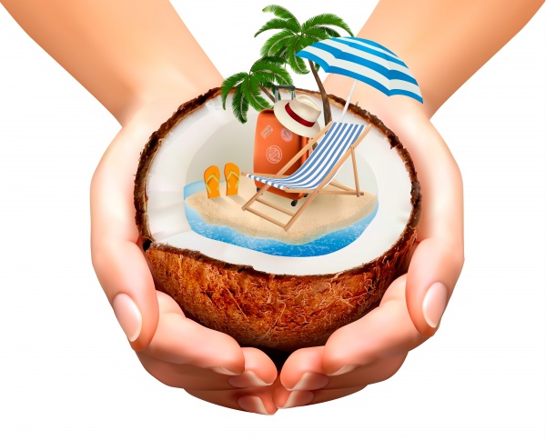 Summer holidays vector background, tropical beach, sea, fresh cocktails, sand 3 ((eps - 2 (12 files)