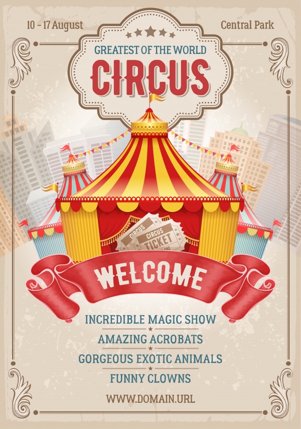 Vintage circus advertising vector poster or flyer with big circus marquee ((eps (10 files)
