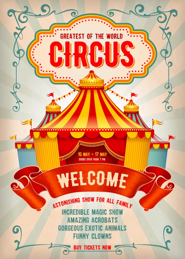 Vintage circus advertising vector poster or flyer with big circus marquee ((eps - 2 (12 files)